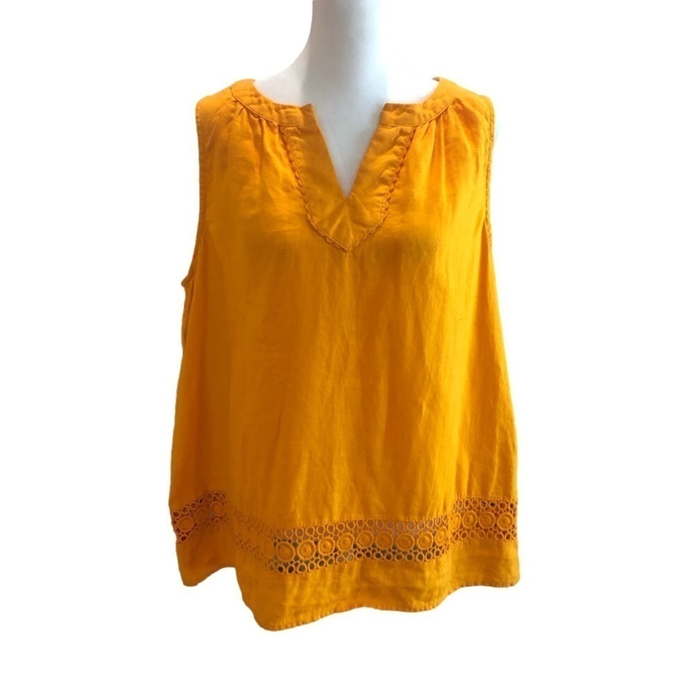 Crown and Ivy Size L linen pullover top orange v-neck crochet lace sleeveless